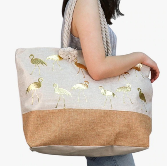 Metallic Gold Flamingo Print Purse Large Tote - Picture 1 of 4